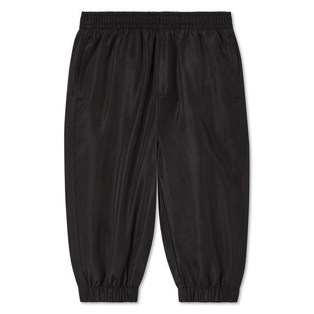 George Baby Boys' Lined Splash Pant in black with elasticized waistband and cuffs, made from water-repellent pongee fabric with soft jersey lining, featuring a relaxed fit and side pockets, ideal for outdoor activities and keeping baby dry and comfortable.