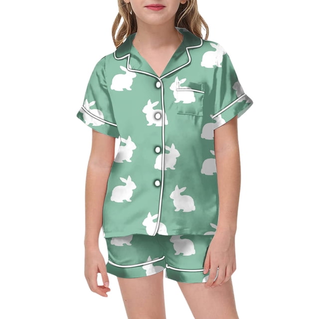 2025 Easter Day Printed Cloth Robes For Pajamas Short Sleeved Button Princess Pajamas Top Shorts Home Pajamas Bath Robe 2T Set