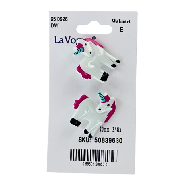 LA VOGUE Buttons, Natural Material - 2 pieces, 20mm (3/4in) featuring two white unicorn-shaped buttons with pink manes, black hooves, and blue striped horns on a white card with SKU and barcode, ideal for sewing, knitting, and craft projects.
