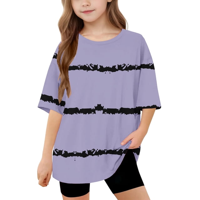 DecSea T-Shirt à Manches Courtes pour Filles Été Surdimensionné Col Rond Rayé Décontracté Basique 5-14 Ans