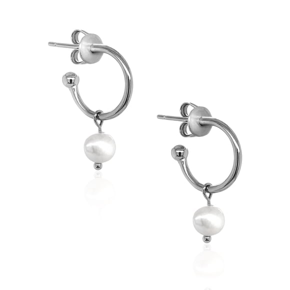 Mercie Sterling Silver Rhodium Plated Silver Pearl Drop Hoop Earrings, Elegant Jewellery for Women
