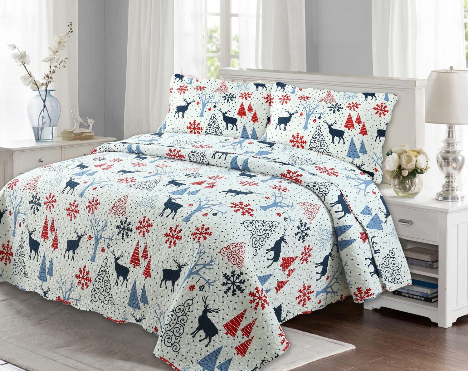 Marina Decoration Rich Printed Embossed Pinsonic Coverlet Bedspread Ultra Soft Bedding Summer Christmas Quilt Set with Shams, Xmas Reindeer and Tree Pattern