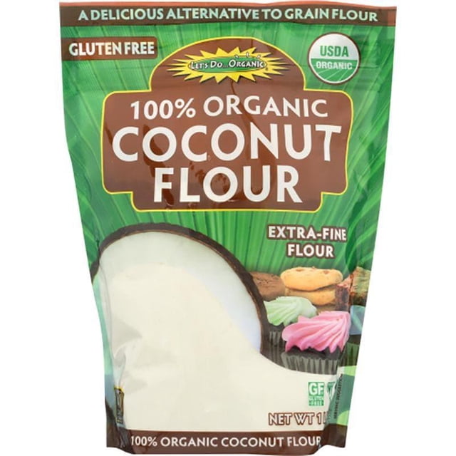 Let’s Do Organics – Coconut Flour, 16 oz package showcasing 100% organic coconut flour branding. The front emphasizes gluten-free, USDA organic certification, high fiber, low fat, and extra-fine flour ideal for baking. The design includes images of cookies and cupcakes, highlighting its versatility for sweet and savory recipes.