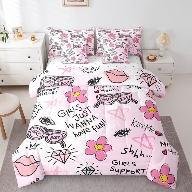YST 7-Piece Comforter Set with Decorative Sheet Set, Pink Lips Diva Theme, Full Size, Polyester, Bed in a Bag