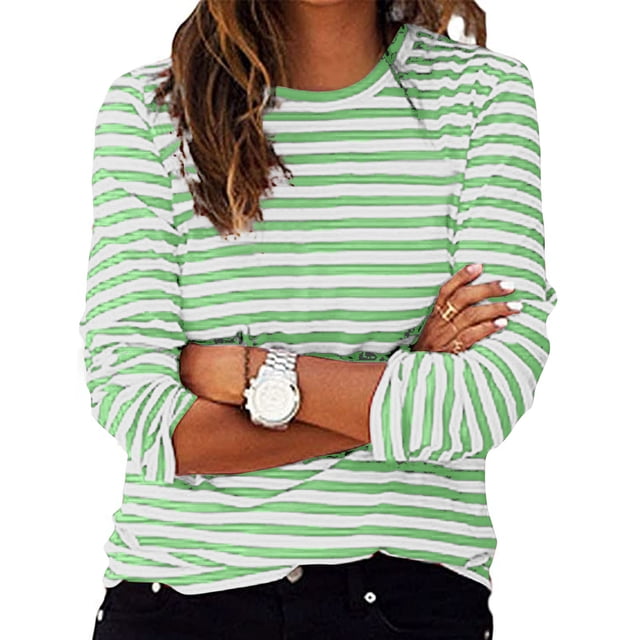 Chandails et T-Shirts Athlétiques pour Femmes Chandail à Rayures à Manches Longues pour Femmes Col Rond Chandail à Enfiler Hauts Chandail Ample Chandail à Manches Longues Chandails de Course pour Femmes P-65 Vert m
