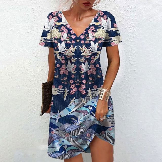 Meichang Robe d'Été Mini Grande Taille pour Femmes 2024 Été à Imprimé Floral Robe de Plage à Manches Courtes Décontractée Ample Robes Tendance à Col en V Robes d'Été pour les Vacances, P-5TG