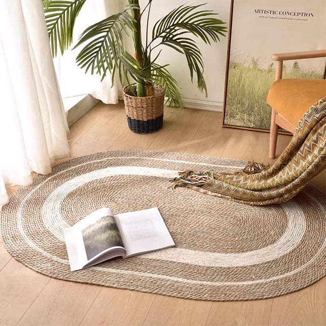 Yhmxh Bathroom Rugs Rattan Plaited Plaited Grass Rope Home Multi-purpose Oval Carpet Floor Mat Bedroom Hotel Model Room Decorative Mat Imitation Wool Woven Stripe Floor Mat Living Room Rug Bath Mat