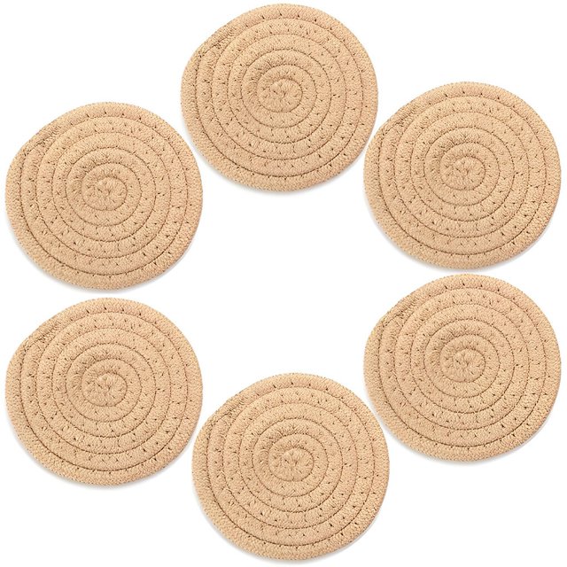 tredstone 6 Pcs Napperons Résistants aux Taches Antidérapants Coussin de Tasse Fait Main Rond Isolation Tresse Cuisine Articles Ménagers Kaki