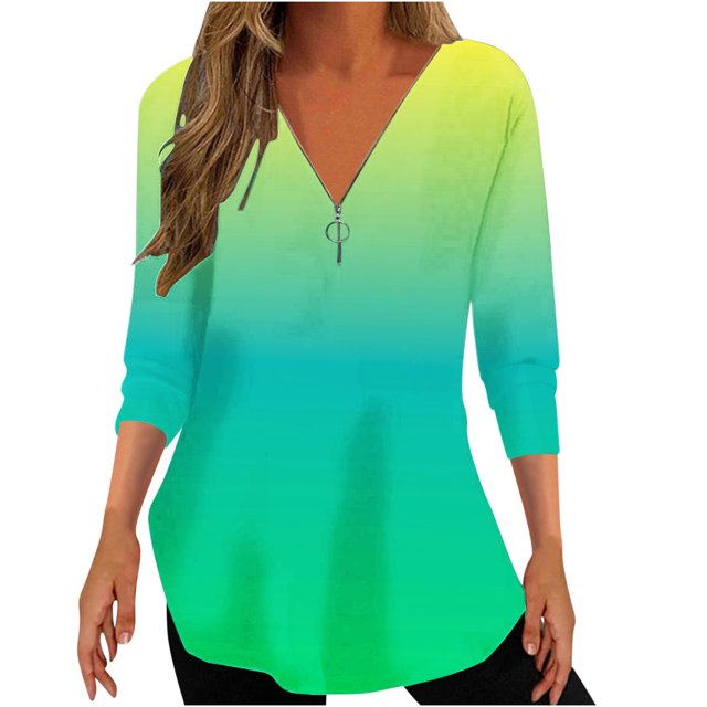 Penkiiy Chemises à Demi-Glissière pour Femmes Chemise à Col en V Imprimée Dégradée Manches 3/4 Roulables Tuniques Hauts Décontractés Tendance S Multicolore