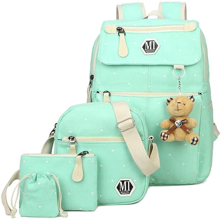 4Pcs Polka Dot Women Canvas Daypack Casual School Bag for Girls Middle High School Backpack Set with Lunch Bag，Green