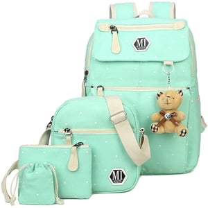 4Pcs Polka Dot Women Canvas Daypack Casual School Bag for Girls Middle High School Backpack Set with Lunch Bag，Green