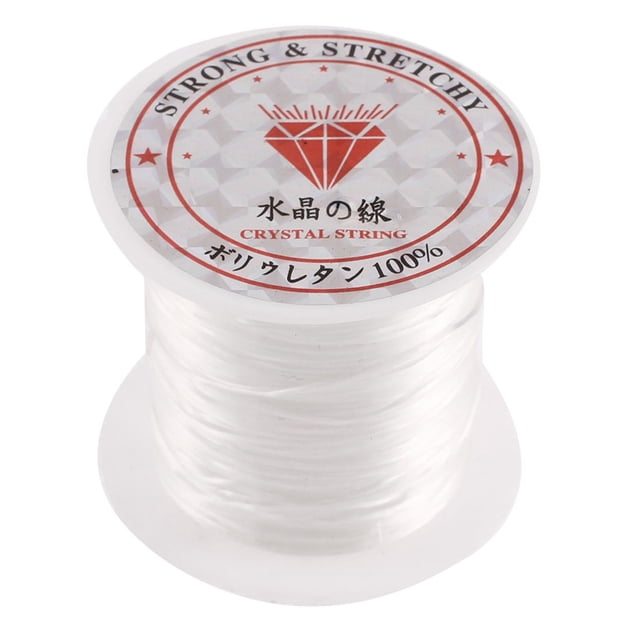 10M Jewelry Bracelet Stretchy Elastic Beading Thread String Cord in white, shown on a spool with 'Strong & Stretchy Crystal String' branding. Made of elastic thread, ideal for crafting bracelets, necklaces, and ornaments. The spool measures 4.8 cm in height and 4 cm in diameter, containing 10 meters (33 feet) of cord. Lightweight at 7-10g, suitable for various beading and jewelry-making projects.