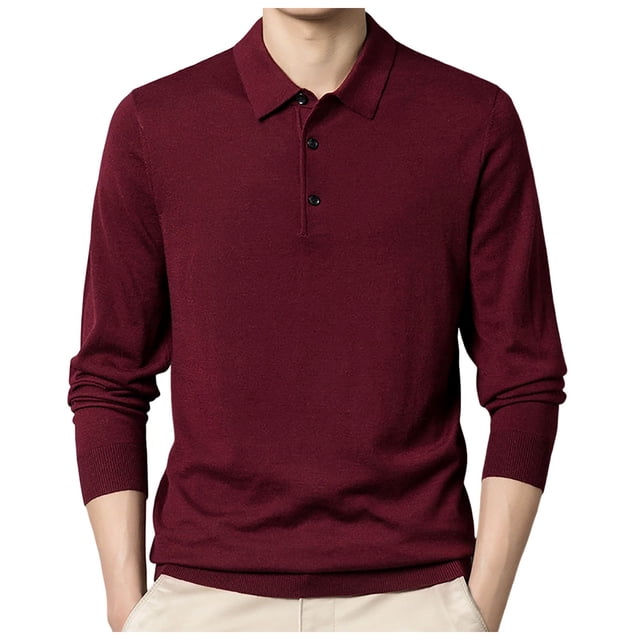 Chandail Tricoté Mince à Manches Longues pour Homme à Col Chemise Uni - Couche de Base Ajustée en Polyester Spandex