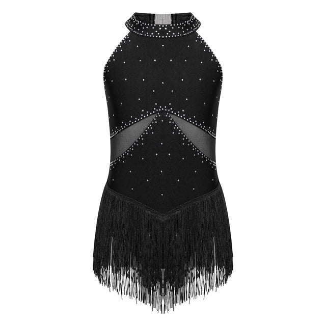Yeahdor Robe de Danse Latine Sans Manches à Paillettes pour Filles, Robe Justaucorps de Jazz, Rumba Samba Salsa Cha Cha, Tenue de Danse de Salon Noire 14