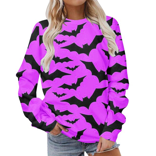 2023 Chandail à Capuchon Surdimensionné pour Femmes Classique Imprimé d'Halloween Col Rond Manches Longues Chandail Ample Hauts Costumes d'Halloween/Noël Rabais de 50 % Liquidation