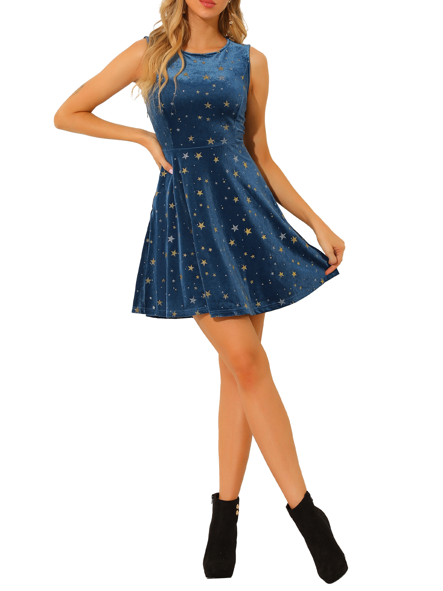 INSPIRE CHIC Robe Courte Sans Manches à Col Rond en Velours pour Femme, Costume de Noël, Étoiles, Bleu G