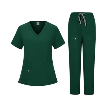 Ktyne Scrubs for Women Set M Stretchy Nurse Uniform Short Sleeve Scrub Top & Pants Solid Color Scrub Suit with Multi Pocket Dark Green M