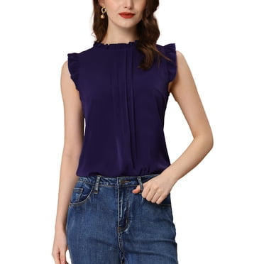 INSPIRE CHIC Women's Sleeveless Blouse Ruffled Pleated Wear-to-Work Chic Blouse S Dark Blue
