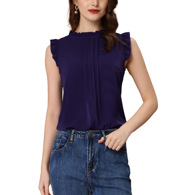 INSPIRE CHIC Women's Sleeveless Blouse Ruffled Pleated Wear-to-Work Chic Blouse M Dark Blue