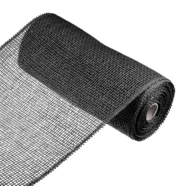 Unique Bargains PP Burlap Mesh 10' x 10 Yards Decorative Wrapping Ribbon in black, featuring a roll of loose-weave polypropylene mesh. Suitable for party supplies, holiday decorations, outdoor wreaths, and gift wrapping. Often used for Halloween or Christmas decor.