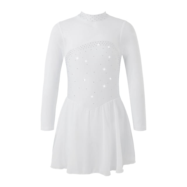 Linjinx Filles Enfants Justaucorps Robe de Danse Ballet à Manches Longues en Maille à Strass Assemblée Costume de Compétition de Patinage Artistique Blanc 16