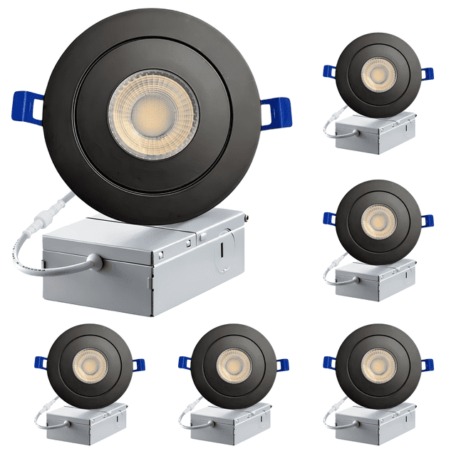 LED 4-Inch Black Gimbal Recessed Slim LED Pot Lights with Junction Box - Dimmable 7W 560LM, 3000K Warm White, 6-PACK