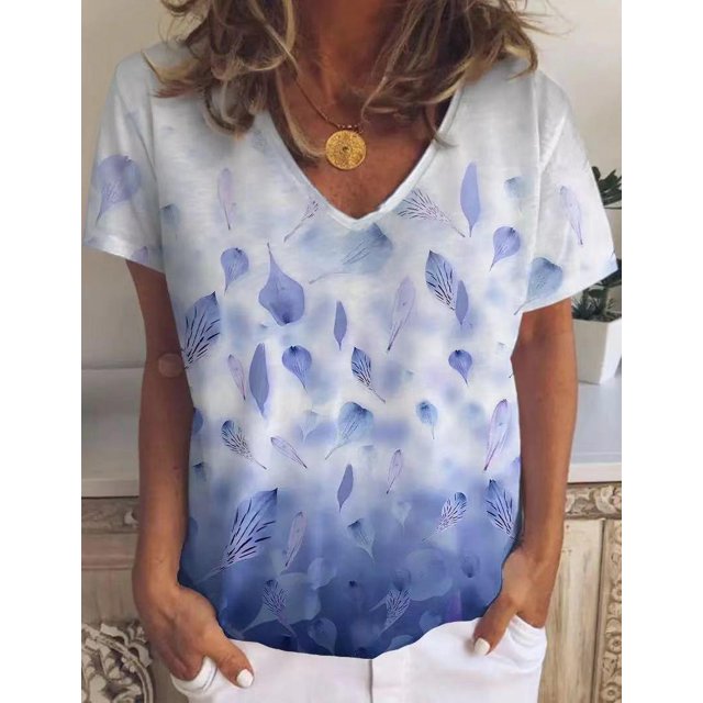 New Women's Floral Print Top V Neck Loose Short Sleeved T Shirt