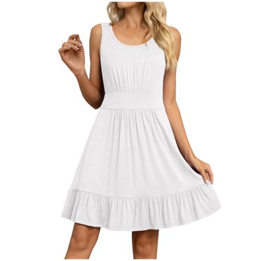 Meichang Robes T-Shirt pour Femmes 2024 Sans Manches à Encolure Dégagée à Volants à Étages Mini Robes Unies Plissées Robes Trapèze Fluides Robes d'Été Rose Vif TTG