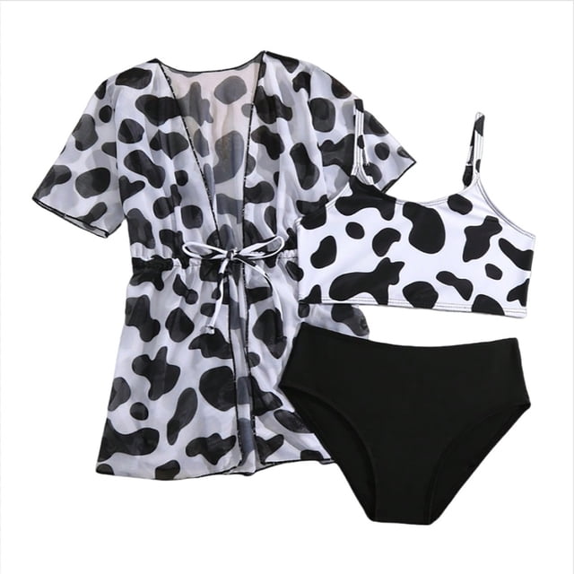 Hiiyo Girls 3 Piece Swimsuit Cow Print Bikini Set with Cover Up Bathing Suit, Sizes 4-11