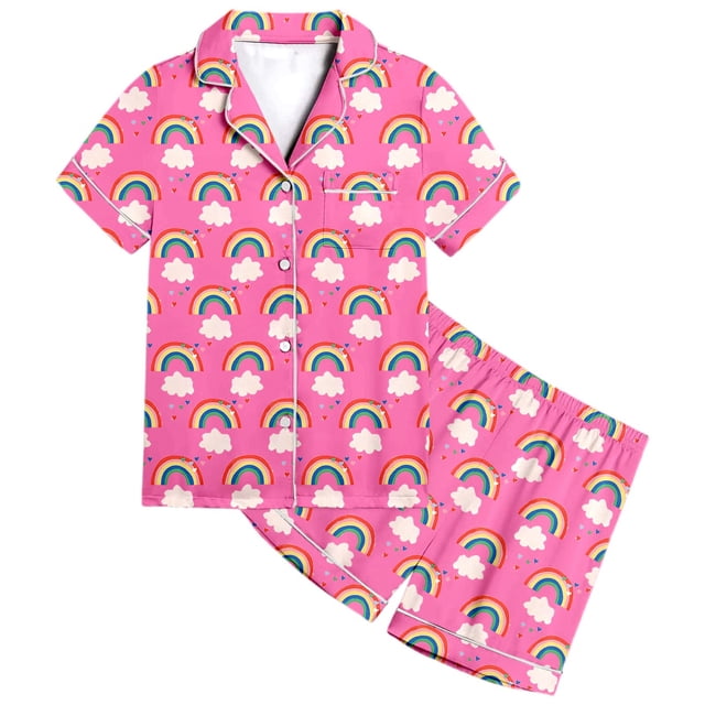 Ensemble de Sommeil Deux Pièces pour Filles, Pyjama à Manches Courtes à Boutons et Short, Imprimé Arc-en-Ciel