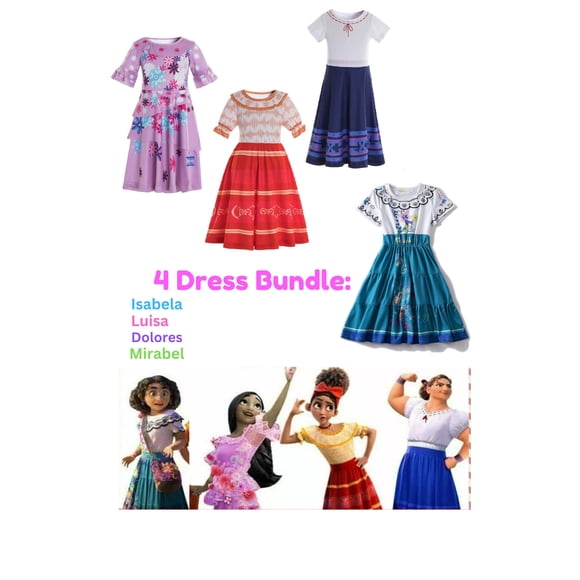 Bundle 4 Costume Encanto Disney, Isabela, Mirabel, Luisa, Dolores, Dress