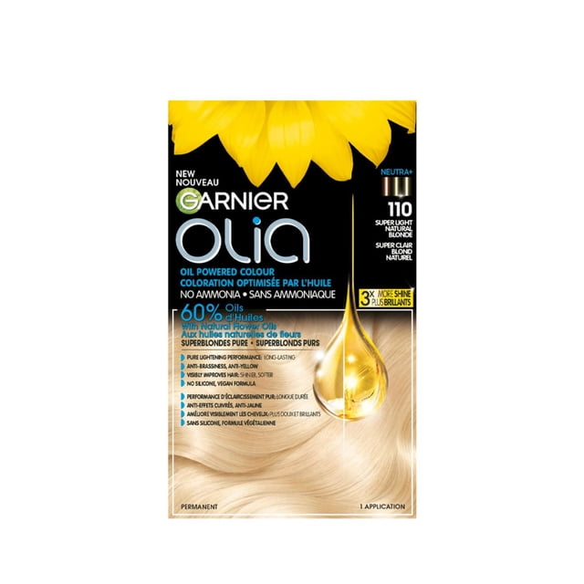 Olia Permanent Hair Dye Ammonia Free by Garnier in shade 110 Super Light Natural Blonde, oil-powered with 60% natural flower oils, providing vivid, long-lasting colour, 3x more shine, and improved hair softness without ammonia or silicone.