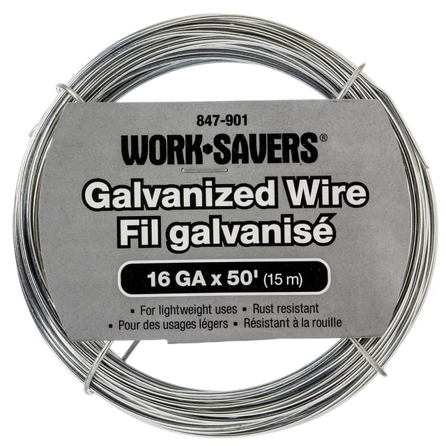 Worksavers Galvanized Wire coil, 16 gauge by 50 feet (15 m), rust-resistant and ideal for lightweight uses, crafting, and fence repair, with a silver metallic finish and bilingual labeling in English and French.