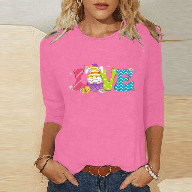 Xihbxyly Hauts Décontractés pour Femmes T-shirt à Col Rond Imprimé de Pâques à Manches 3/4 T-shirt à Col Rond Chandail à Enfiler Tendance à Petit Budget
