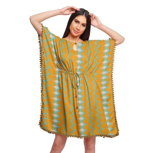 Moomaya Robe Courte de Caftan de Plage, Robe de Couverture Imprimée, Kaftan pour Femmes, Tenue de Plage, Couverture