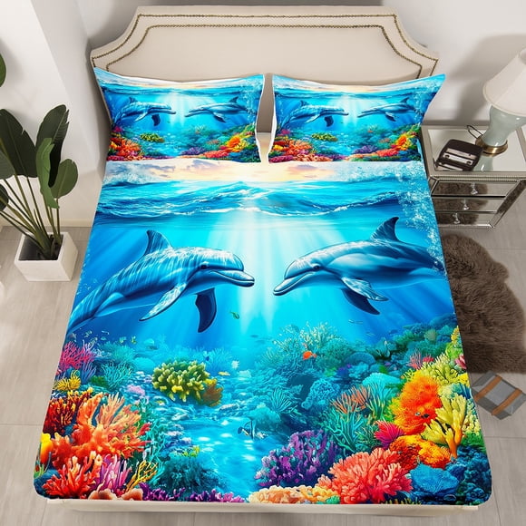 Erosebridal Dolphin Fitted Sheet Twin Size Fish Bed Sheet Set Kids Boys Girls Ocean Creature Themed Bedding Set Sea Underwater World Bed Cover Deep Pocket(No Top Sheet)