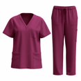 thumbnail image 1 of LYMAYTER Uniforme Médical Multi-Poches pour Femmes Couleur Unie Col en V Ensemble Élasticité Routine Uniforme d'Infirmière pour P-2TG, 1 of 6