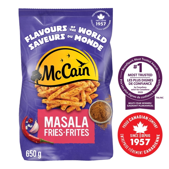 McCain® Flavours of the World Frites Masala Sac de 650 g avec Fond Violet Présentant des Frites Croustillantes Coupe Droite Surgelées Assaisonnées avec des Épices Masala Sud-Asiatiques Authentiques et de l'Ail, Fabriqué au Canada depuis 1957, Convient à la Cuisson au Four Ou à la Friteuse à air Chaud.