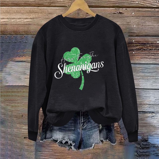 Levmjia T-Shirts pour Femmes de la Saint-Patrick Hauts Vert Trèfle Col Rond Imprimé Haut à Manches Longues Chandails