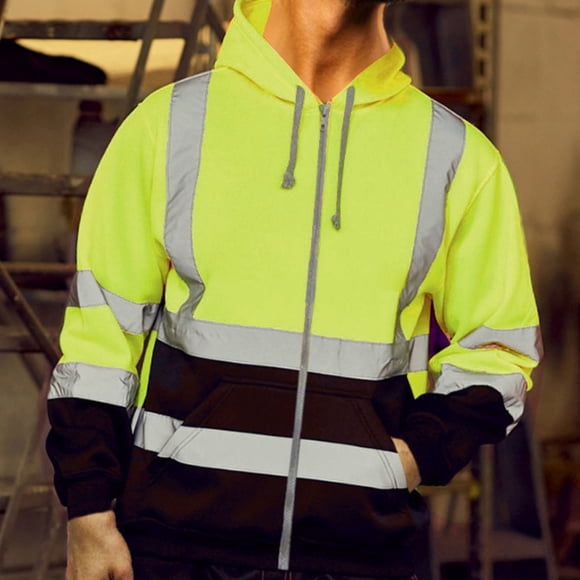Men's Reflective Safety Hoodie With Zipper - High Visibility Sanitation Work Sweatshirt, Windproof Hooded Jacket For Outdoor Crews & Casual Wear