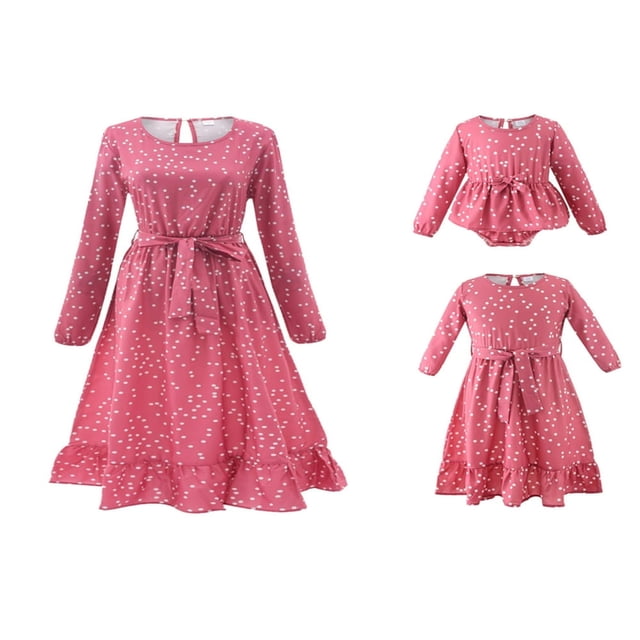 Robes Assorties Maman et Moi pour la Famille Col Rond Manches Longues Taille Haute Imprimé à Pois Robe Longue à Volants avec Ceinture pour Maman Enfants