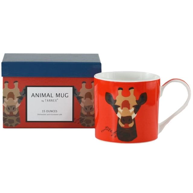 Giraffe Animal Mugs with Gift Box, Set of 4 featuring a 15oz bright red ceramic mug with a stylized giraffe face and matching red gift box with blue lid, dishwasher and microwave safe, suitable for coffee or tea.