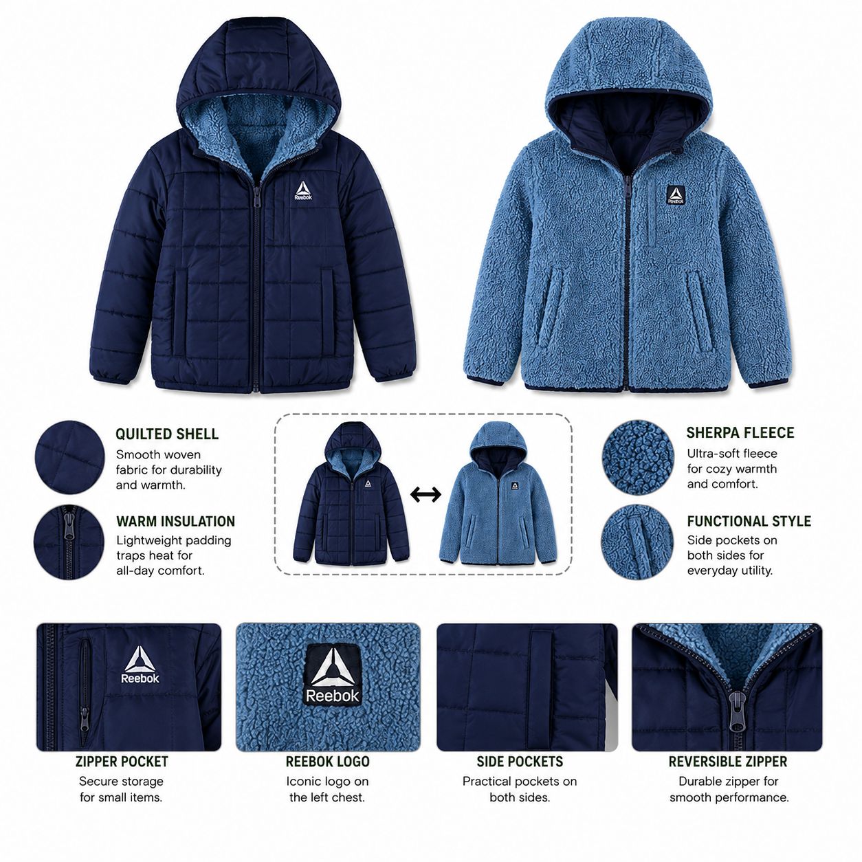Reebok Boys Reversible Puffer Jacket, Sizes XS-XL