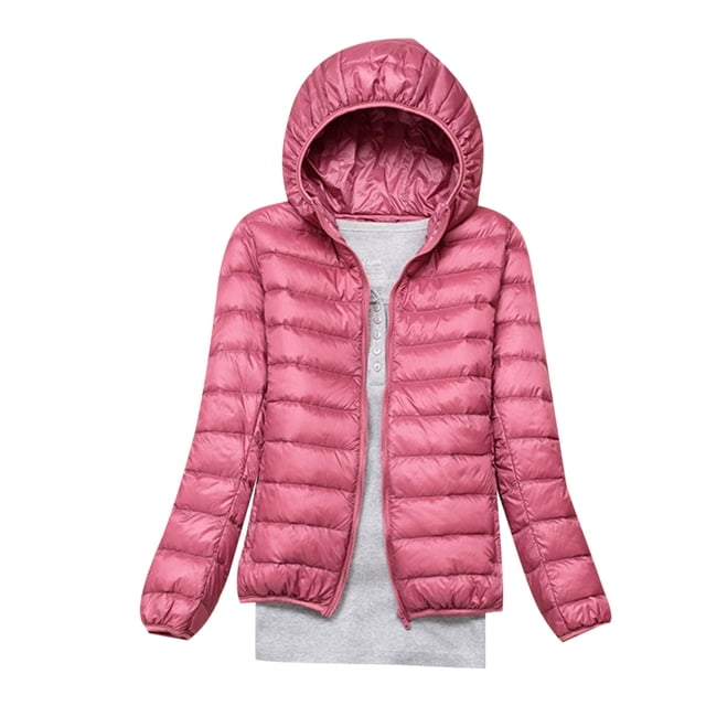 RKSTN Puffer Jacket Womens Winter Fashion Solid Color Lightweight Hooded Short Korean Style Jacket Plus Size Full Zipper Warm Jacket with Pockets. The jacket is shown in a vibrant pink color with a quilted design, featuring a hood, full zipper closure, and long sleeves. Made from lightweight polyester material, it is designed for warmth and comfort during winter. The image displays the jacket over a grey inner layer, emphasizing its casual and stylish appeal.
