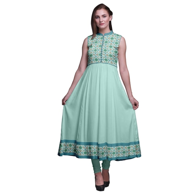 Bimba Robe Anarkali Damassé Menthe Pastel Col Mandarin Sans Manches Kurtis pour Femmes Robe Maxi à Imprimé XXX-Large