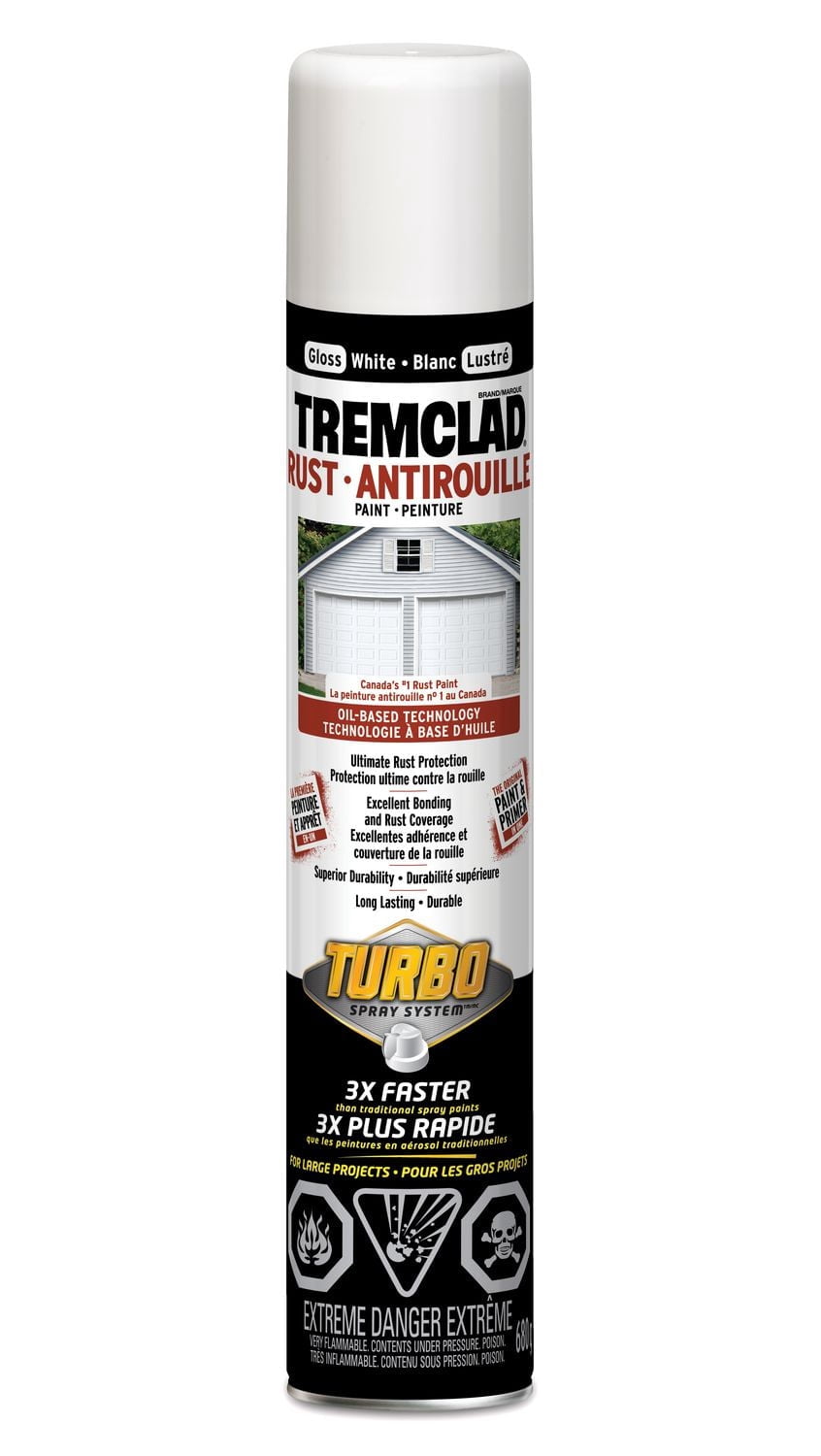 Peinture en spray de protection contre la rouille à base d'huile TREMCLAD Intérieur/Extérieur, blanc brillant, embout ventilateur Turbo 3X, 680 g