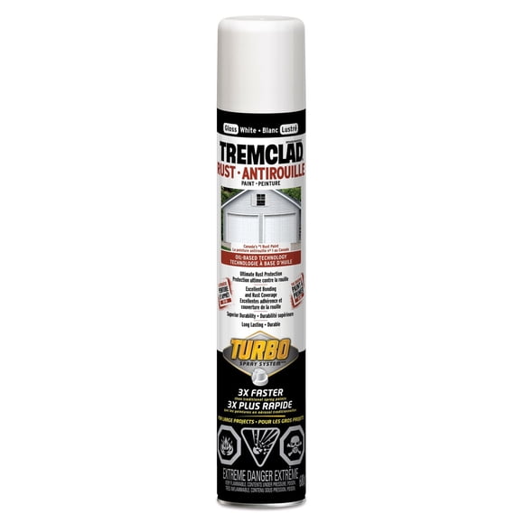 TREMCLAD Interior/Exterior Oil Based Rust Protection Spray Paint in Gloss White, Turbo 3X Fan Tip, 680g
