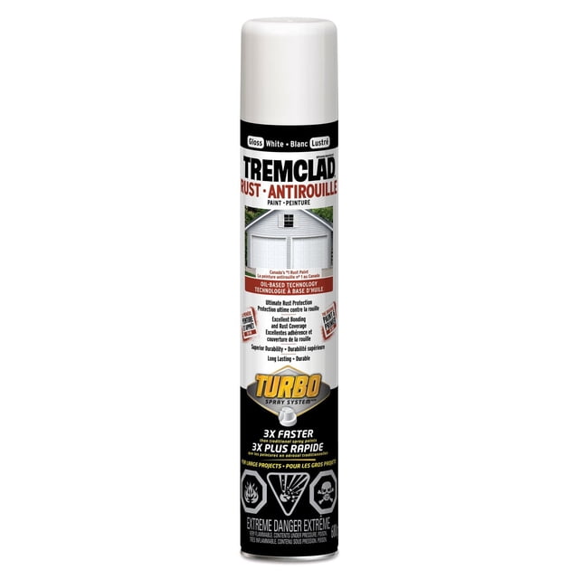 Tremclad Turbo Blanc Lustré 680 g Bombe de Peinture en Aérosol avec protection Antirouille à Base d'Huile et Système de Pulvérisation Turbo pour une Couverture 3X Plus Rapide, Idéal pour les Grandes surfaces Métalliques Extérieures comme les Portes de garage, les Clôtures et les Remises, avec Durabilité Longue Durée et Avertissements de danger Extrême.