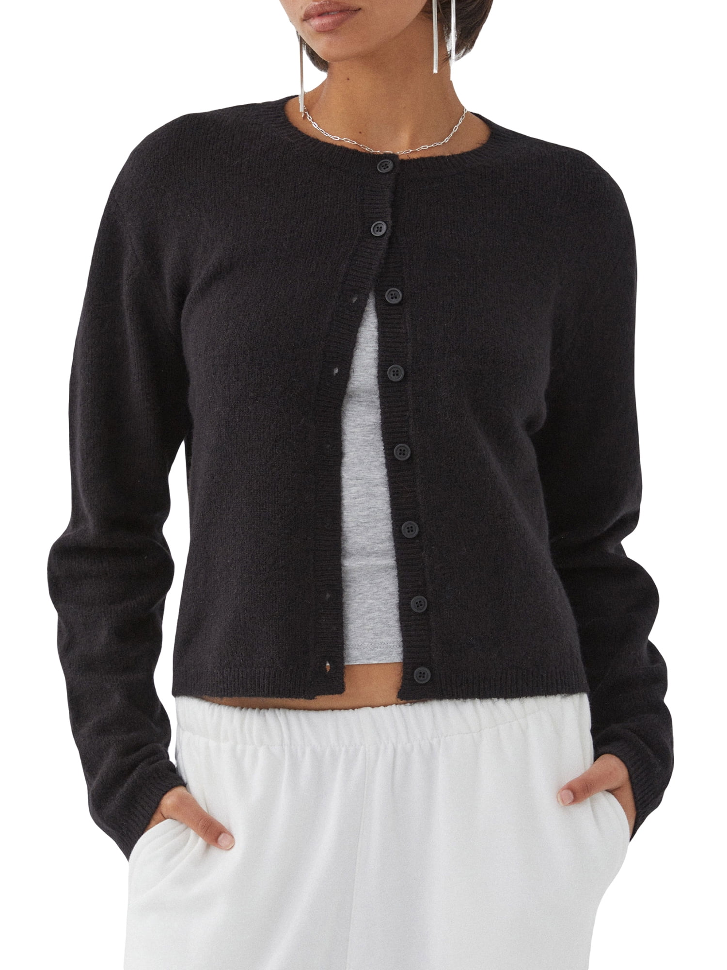 Gupgi Solid Color Knitted Cardigan for Women Button Front Sweaters Casual Crew Neck Long Sleeve Knit Tops
