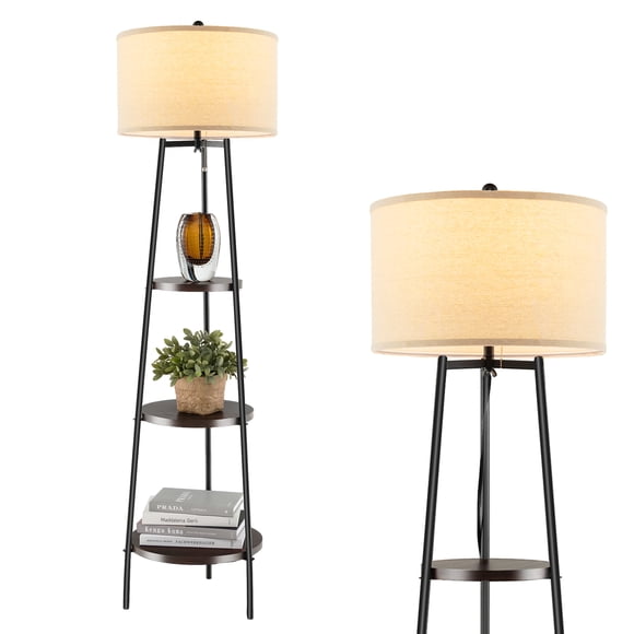 Patiojoy Shelf Floor Lamp Corner Floor Lamp w/ 3-tier Shelves & Linen Lampshade Modern Standing Tall Bookshelf Lamp